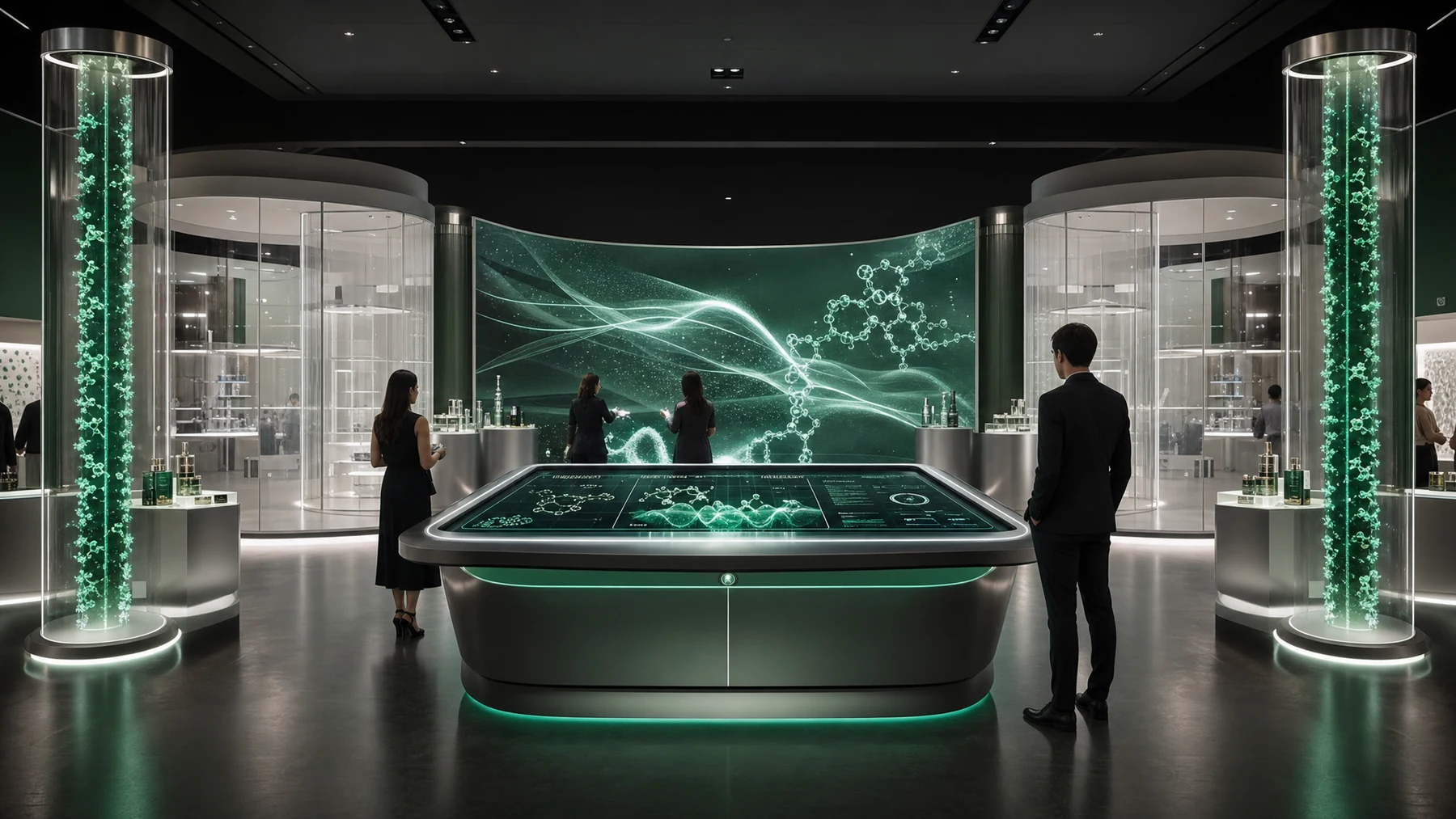 Concept Render / RVGF 实验室 · 中央互动台、两侧玻璃实验室与分子大屏